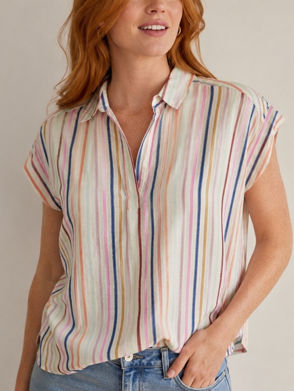 GAP Pastel Pinstripe Popover Cotton Cap Sleeve Top Size Small